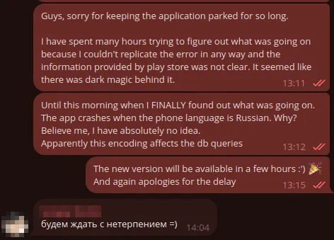 Mensaje informando a los usuarios de que por fin se ha solucionado el bug.
