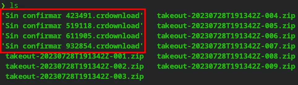 Lista de ficheros donde se aprecian 4 descargas incompletas